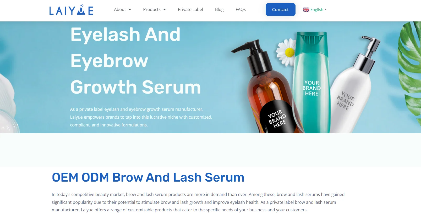 Laiyue website displaying an eyelash and eyebrow growth serum product range with customizable branding options, featuring bottles labeled 'Your Brand Here' on a blue background.